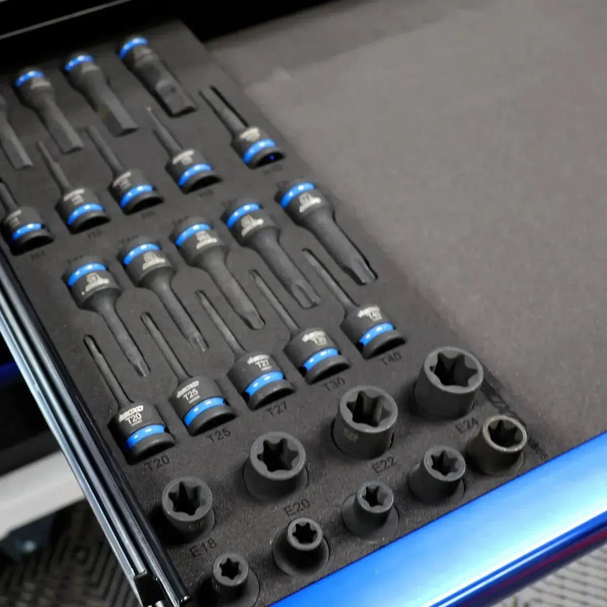 Boxo 28-Piece 1/2" Drive Impact E-Torx, Torx, and Hex Socket Set | 1/3 Drawer EVA Foam