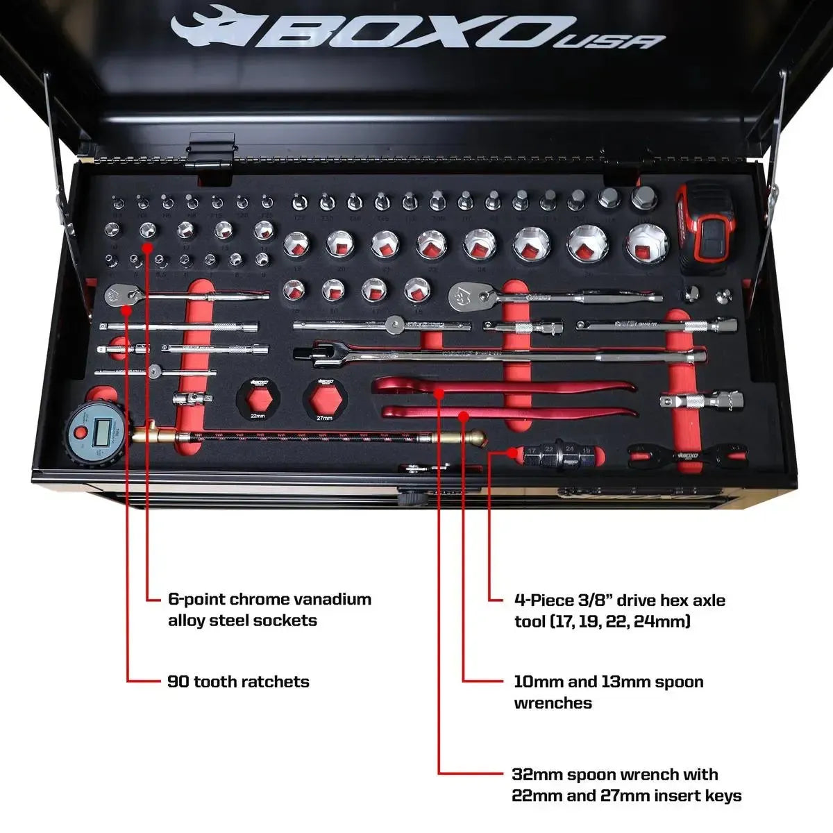 Boxo MotoBox | Ricky Carmichael 26" 5-Drawer Portable Tool Box with 103-Piece Metric Motorcycle Tool Set