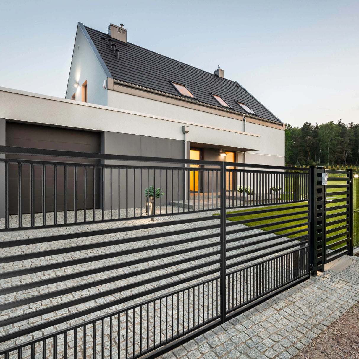Aleko Steel Dual Swing Driveway Gate with Pedestrian Gate – Barcelona Style - 18 ft.