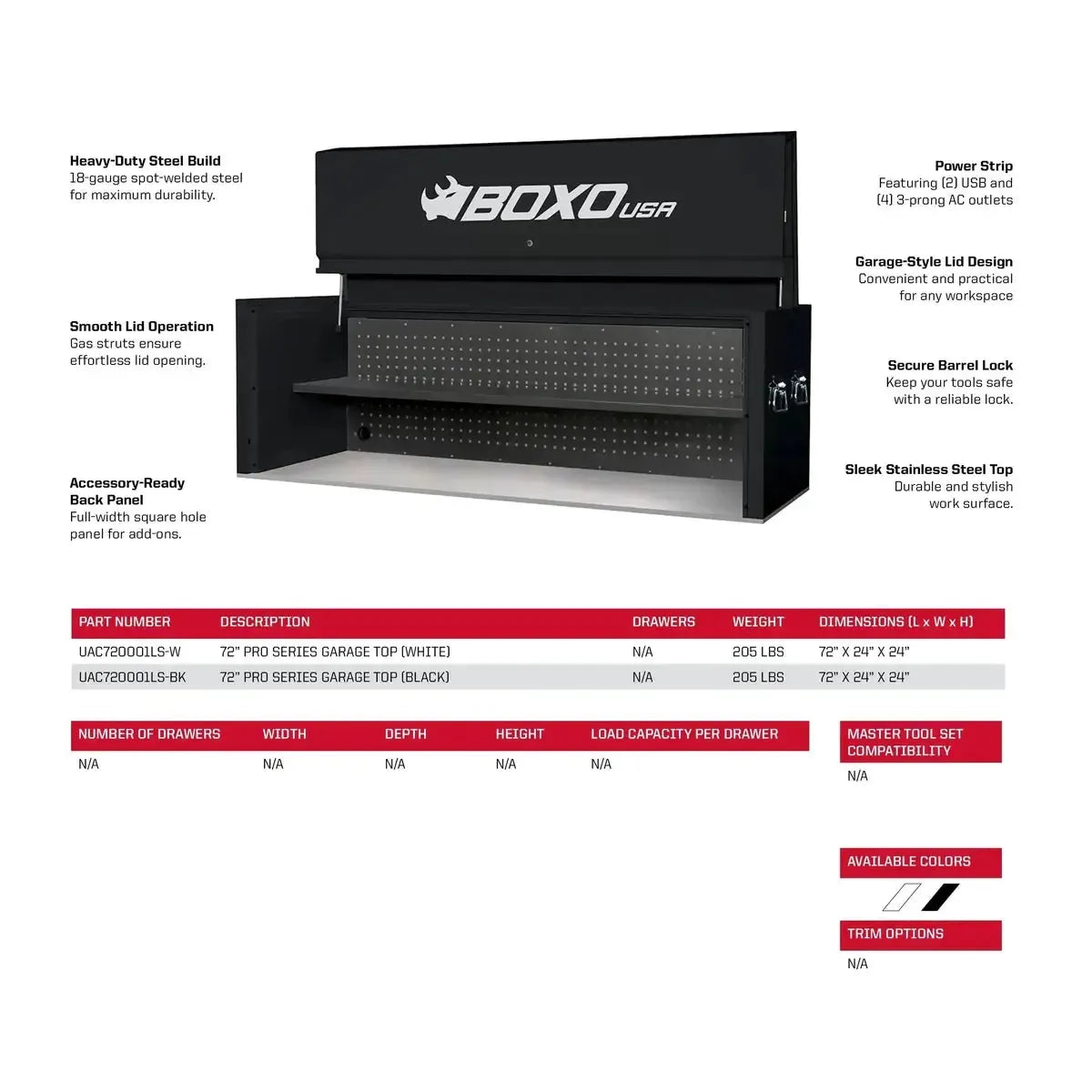 Boxo Pro Series | Loaded 72" 14-Drawer Garage Top Rolling Tool Box | Black