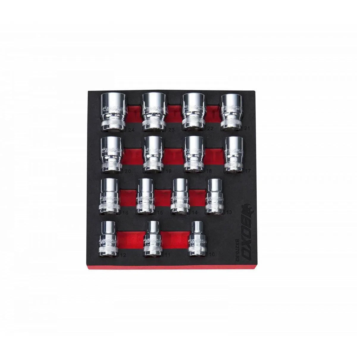 Boxo 15-Piece 1/2" Dr Metric Standard Length 12-Point Chrome Socket Set | 1/6th EVA Foam