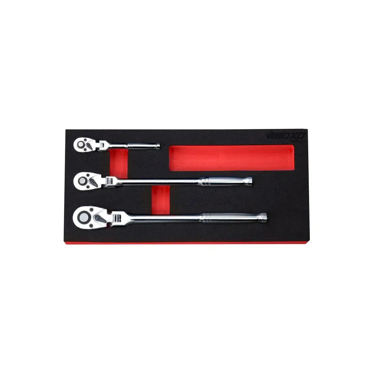 Boxo 3-Piece 72T 1/4", 3/8" & 1/2" Drive Flex Head Ratchet Set | 1/3rd EVA Foam