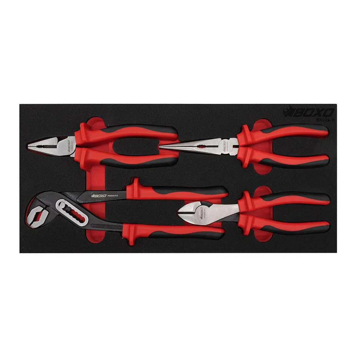Boxo 4-Piece Plier Set, 7" Diagonal Side Cutter, 8" Long Needle Nose Plier, 7" Lineman's Plier, 10" Groove, Joint Plier | 1/3rd EVA Foam