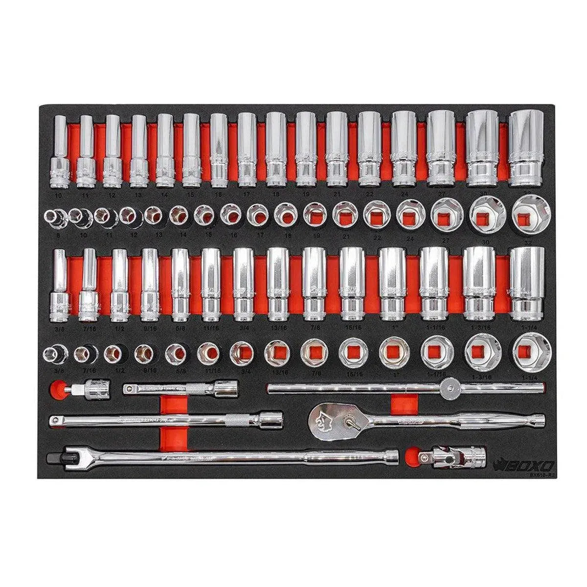 Boxo 68-Piece 1/2" Drive 6-Point Metric & SAE Master Chrome Socket Set | 3/3rd EVA Foam