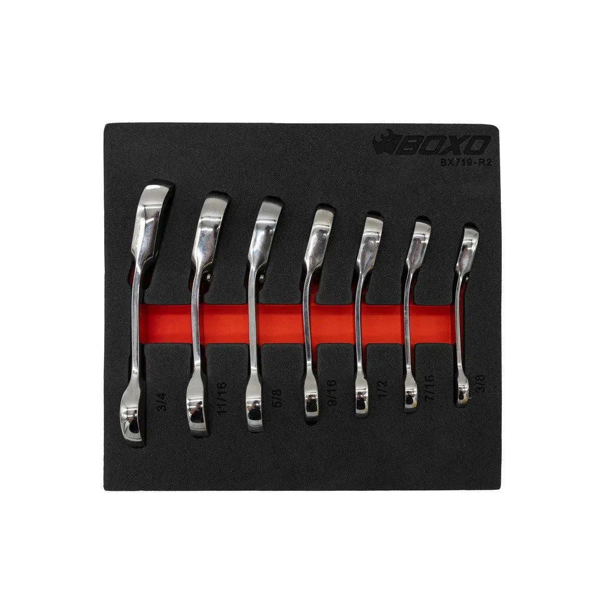 Boxo 7-Piece Stubby SAE Reversible Ratcheting Combo Wrench Set | 1/9th EVA Foam
