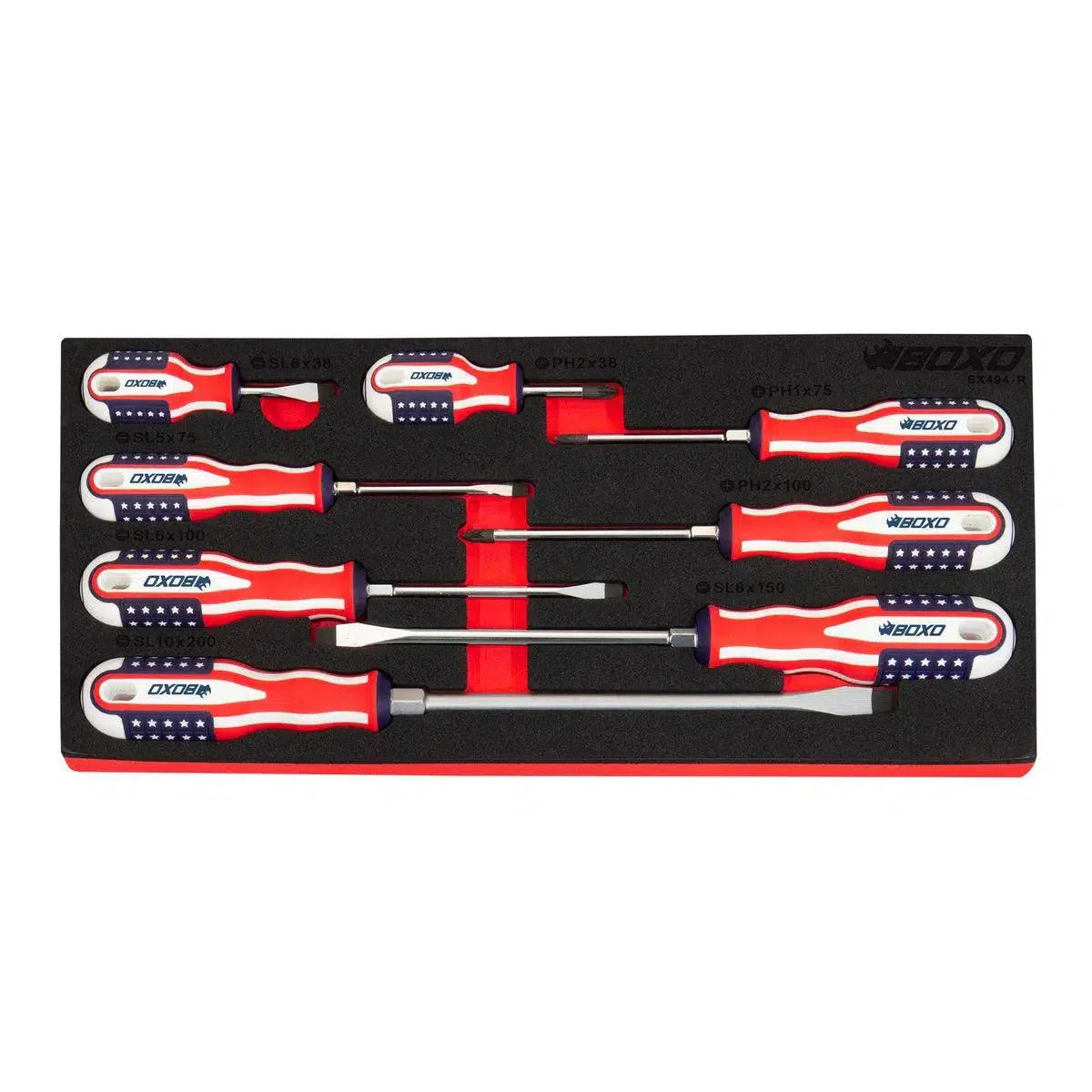 Boxo 8-Piece American Flag Handle Screwdriver Set | 1/3rd EVA Foam