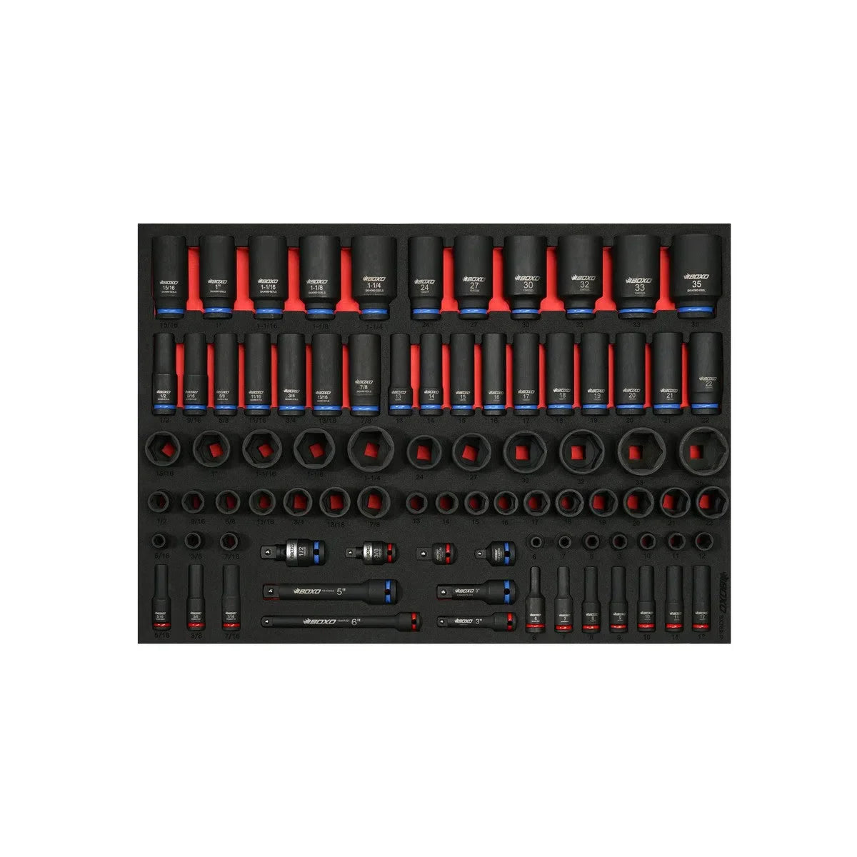 Boxo 84-Piece 3/8" and 1/2" Drive Metric and SAE 6-Point Impact Socket Set | 3/3rd EVA Foam