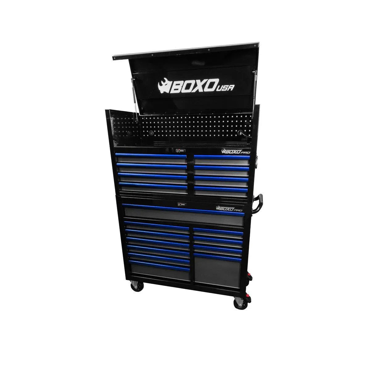 Boxo Pro Series | 45" 19-Drawer Rolling Tool Box | Black and Blue