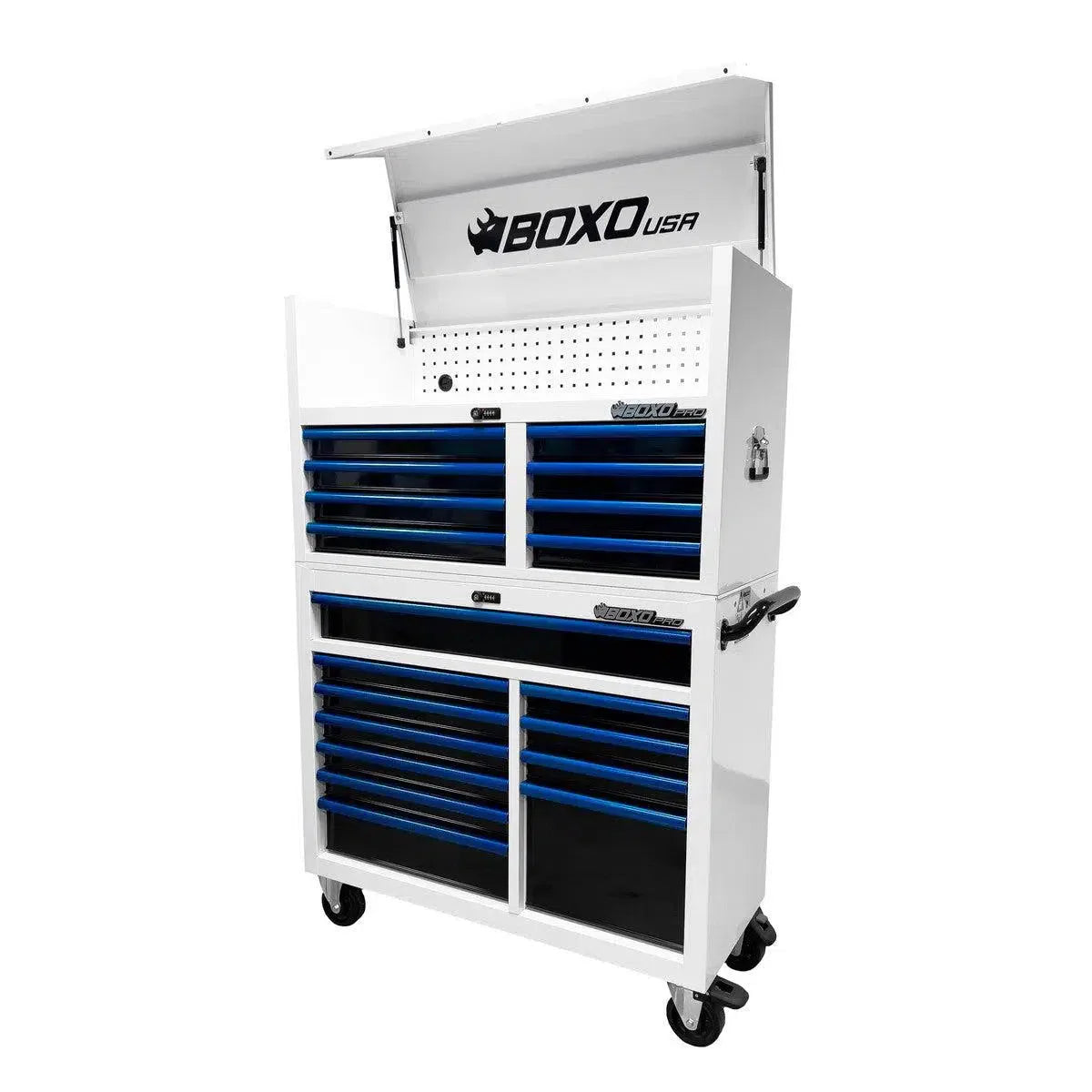 Boxo Pro Series | Loaded 45" 19-Drawer Rolling Tool Box | White and Blue