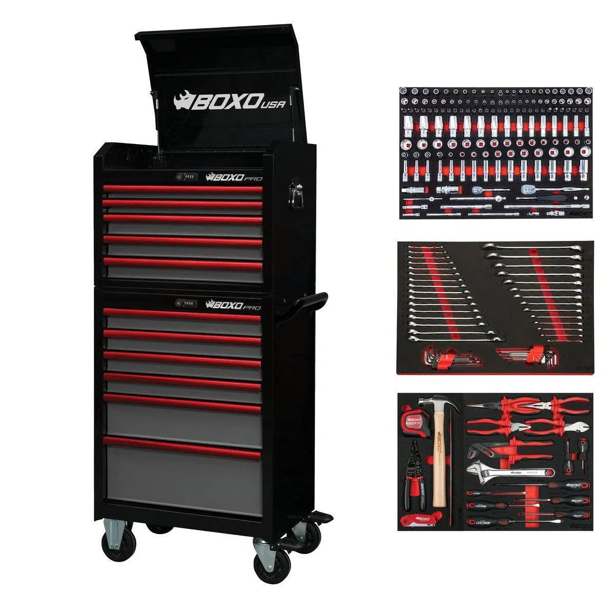 Boxo Pro Series | Loaded 26" 11-Drawer Rolling Tool Box | Black and Red
