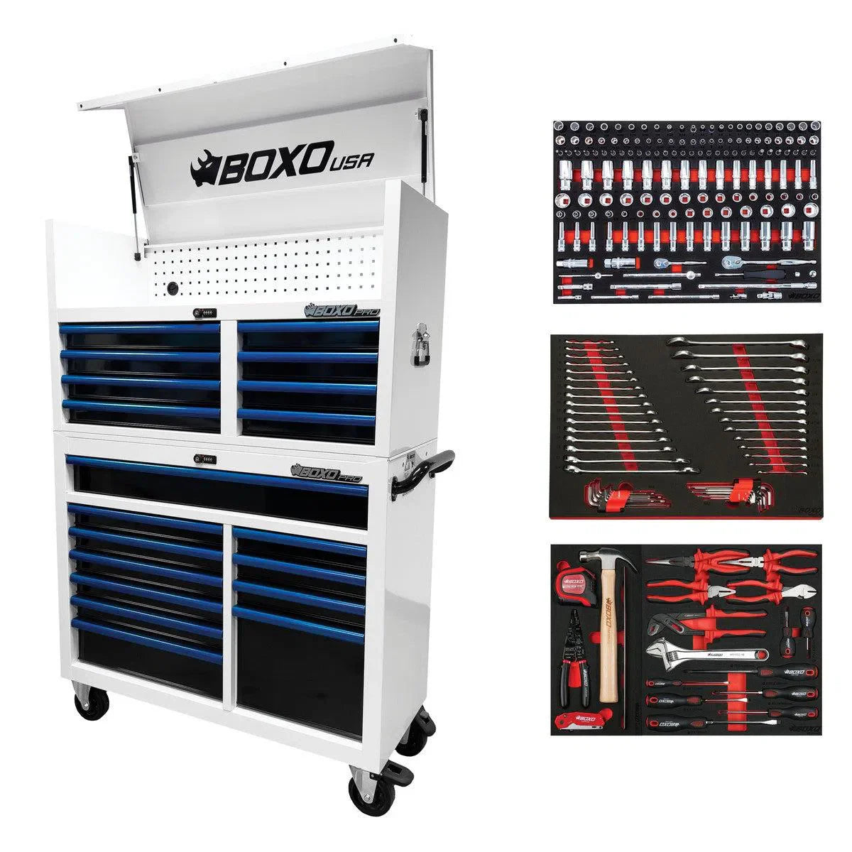 Boxo Pro Series | Loaded 45" 19-Drawer Rolling Tool Box | White and Blue