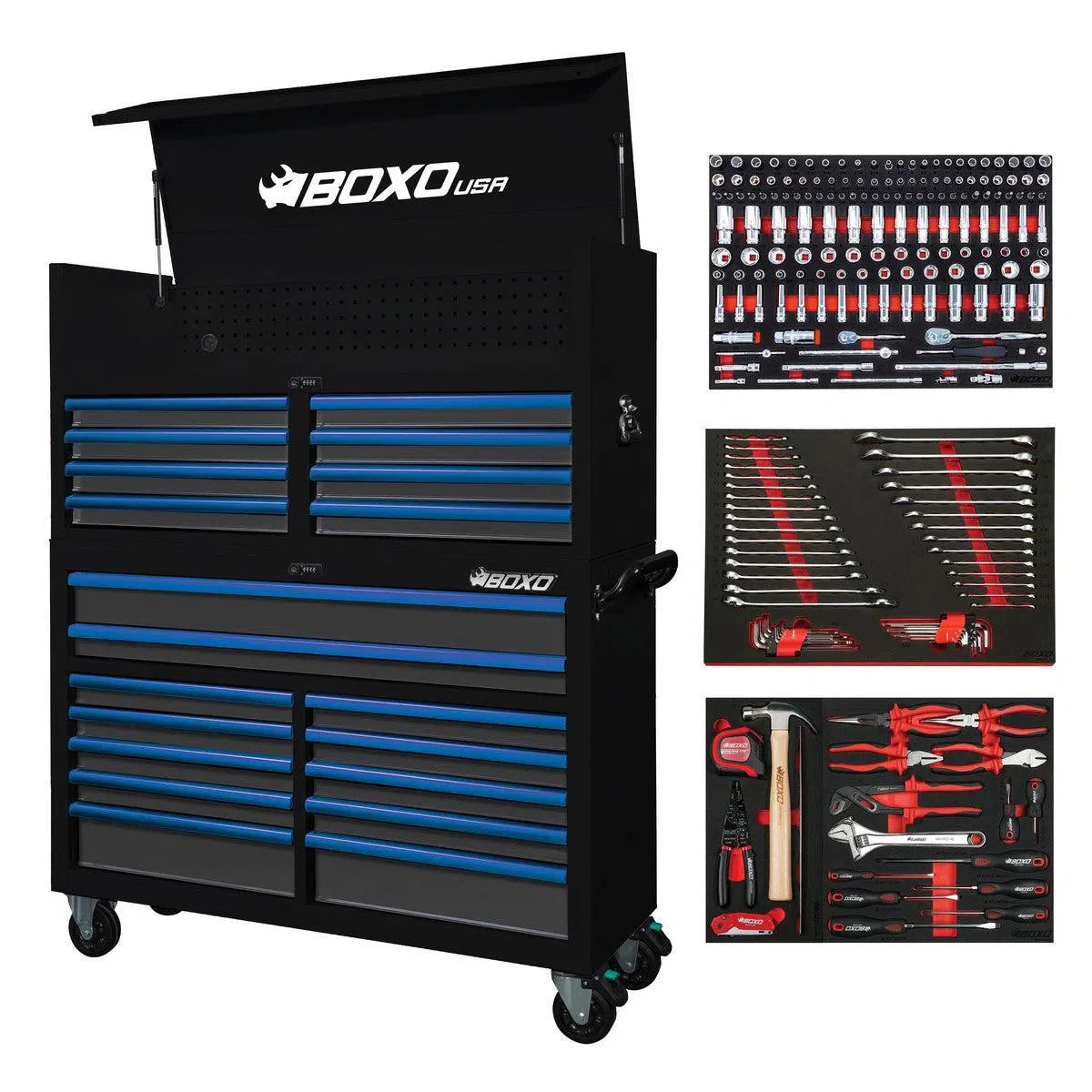 Boxo Pro Series | Loaded 53" 20-Drawer Rolling Tool Box | Black and Blue