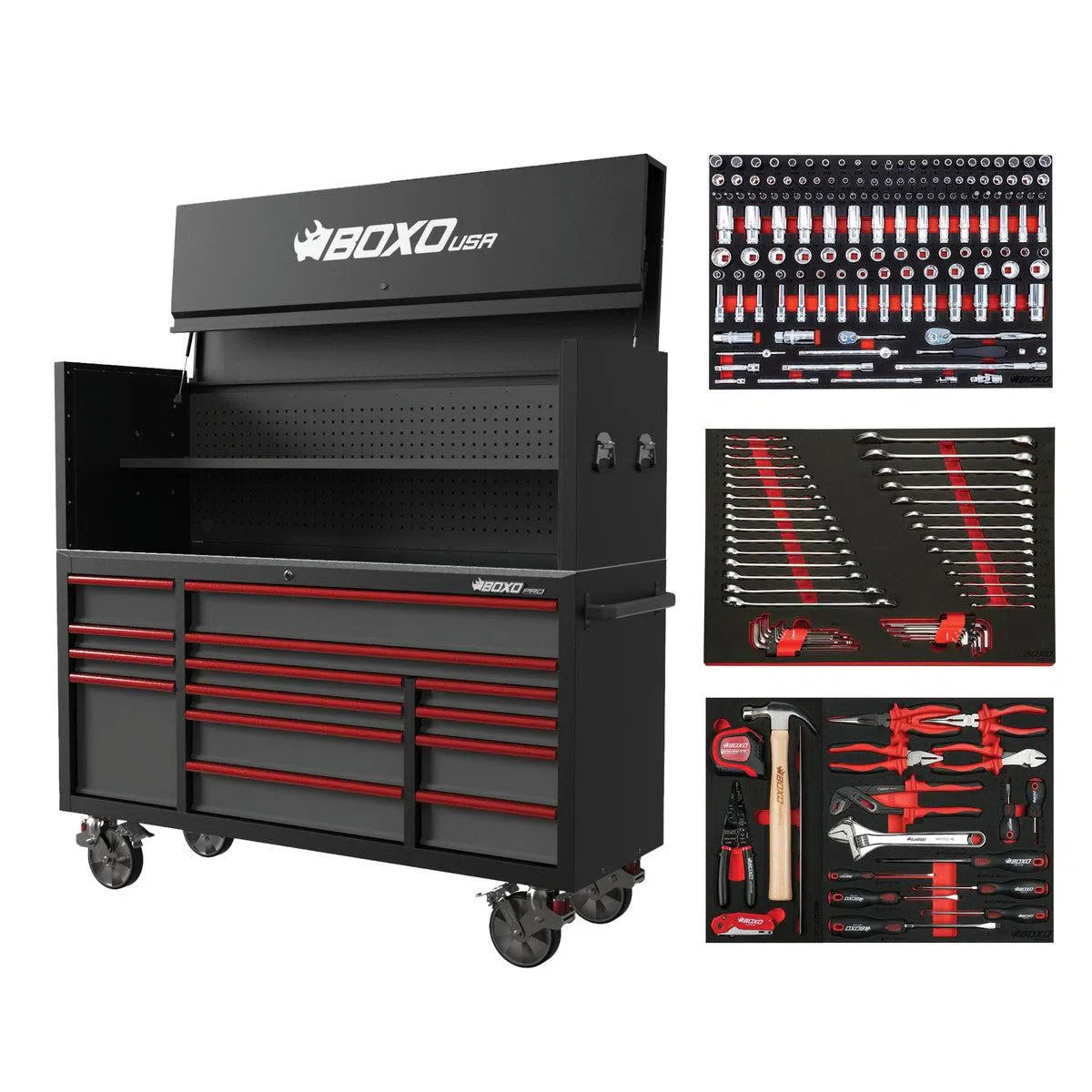 Boxo Pro Series | Loaded 72" 14-Drawer Garage Top Rolling Tool Box | Black