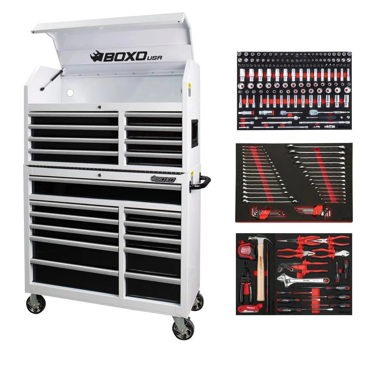 Boxo Tech Series | Loaded 41" 19-Drawer Rolling Tool Box | White