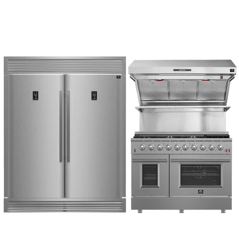 FORNO Appliance Package - 48 Inch Gas Range, Wall Mount Range Hood, 60 Inch Refrigerator, FBDL-018-02US