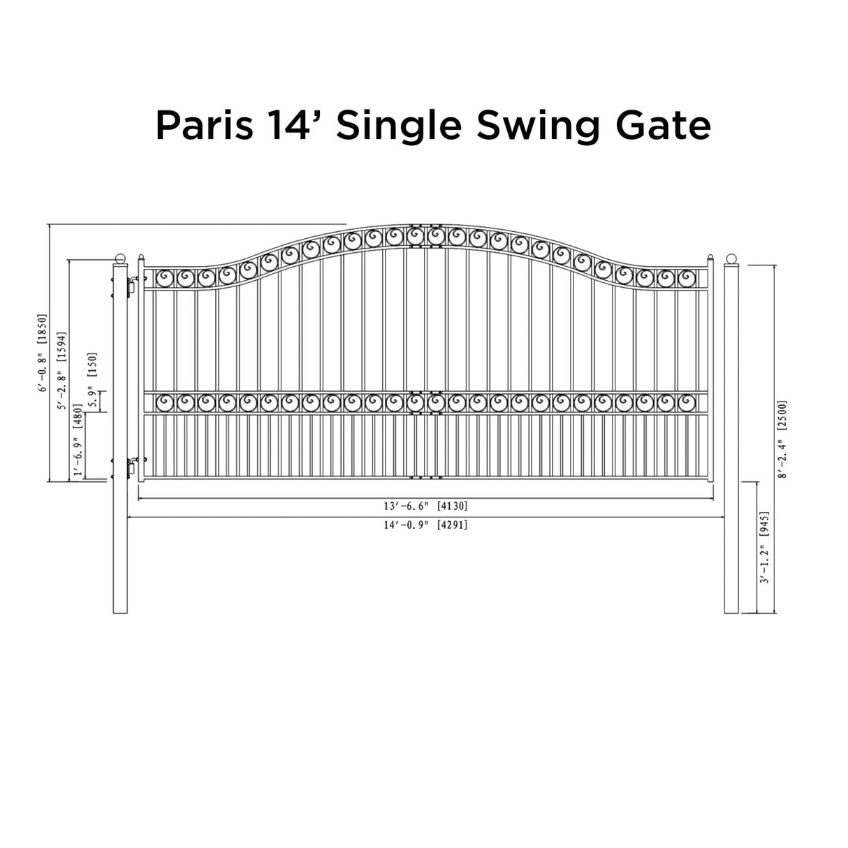 Aleko Steel Single Swing Driveway Gate - PARIS Style - 14 x 6 Feet