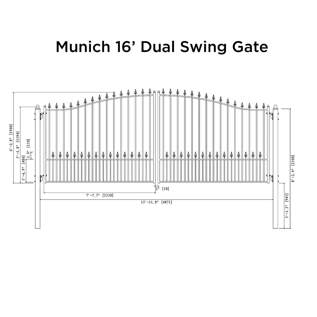 Aleko Steel Dual Swing Driveway Gate - MUNICH Style - 16 x 6 Feet