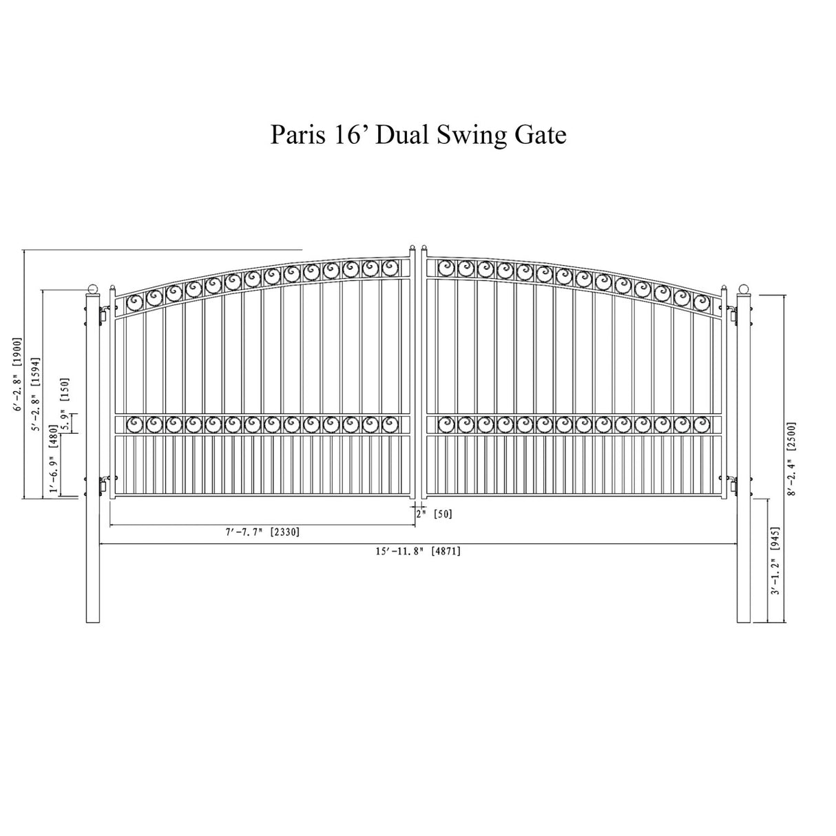 Aleko Steel Dual Swing Driveway Gate - PARIS Style - 16 x 6 Feet