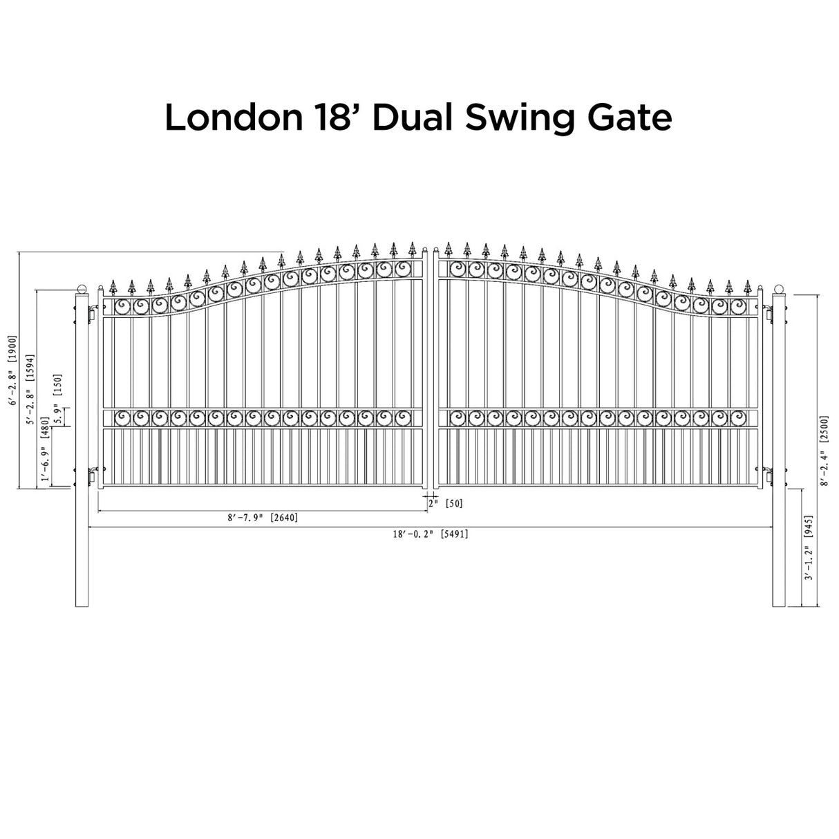 Aleko Steel Dual Swing Driveway Gate - LONDON Style - 18 x 6 Feet