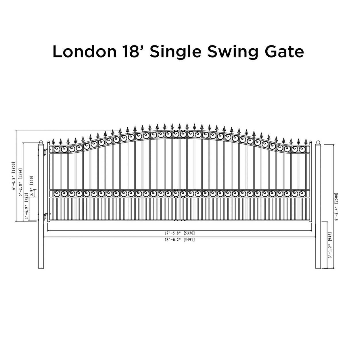 Aleko Steel Single Swing Driveway Gate - LONDON Style - 18 x 6 Feet