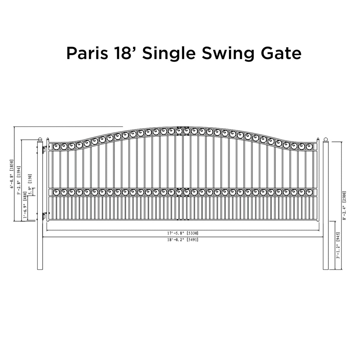 Aleko Steel Single Swing Driveway Gate - PARIS Style - 18 x 6 Feet