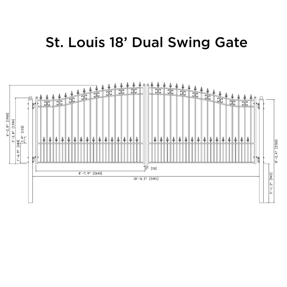 Aleko Steel Dual Swing Driveway Gate - ST.LOUIS Style - 18 x 6 Feet