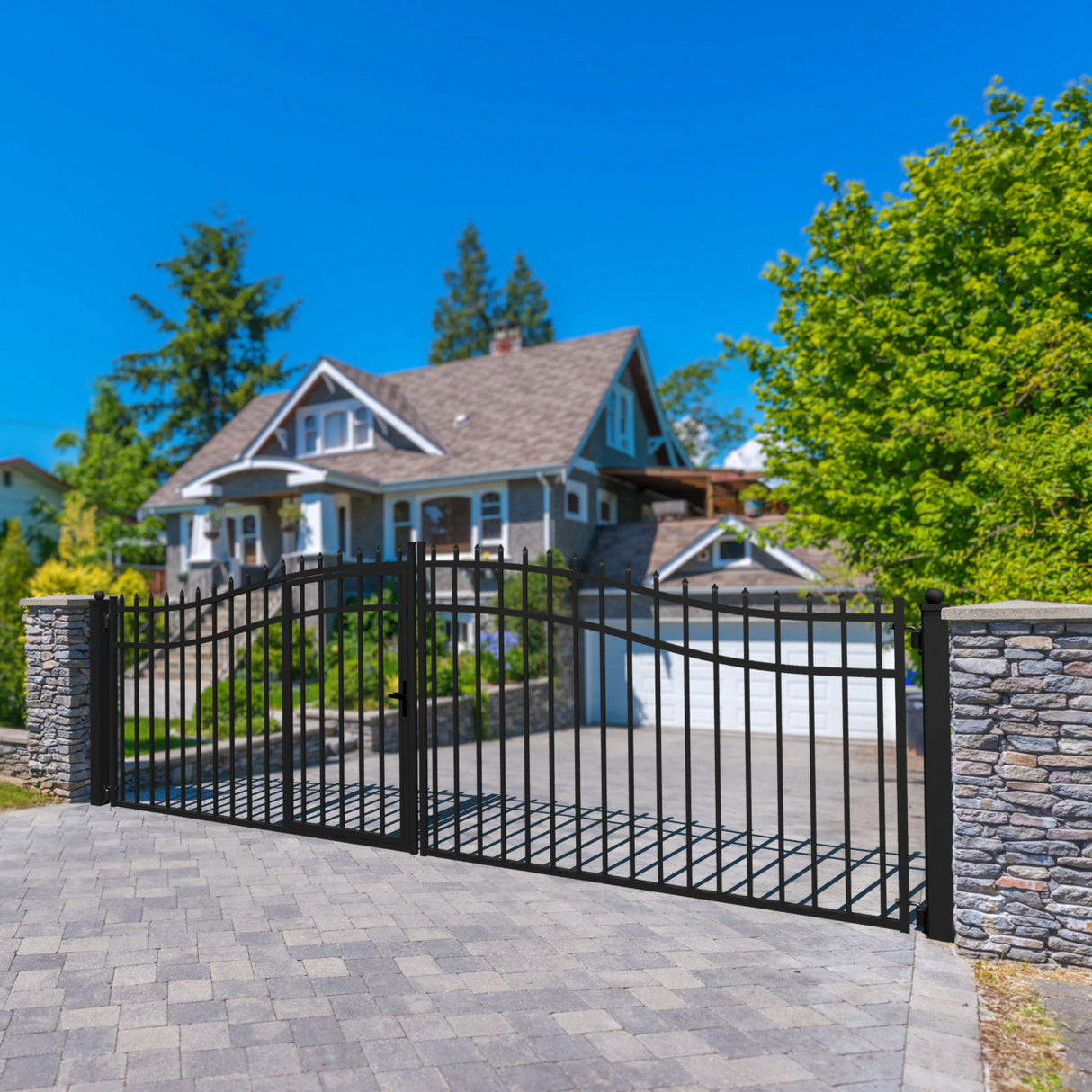 Aleko Steel Dual Swing Driveway Gate with Built-In Pedestrian Door - VIENNA Style - 16 x 7 Feet