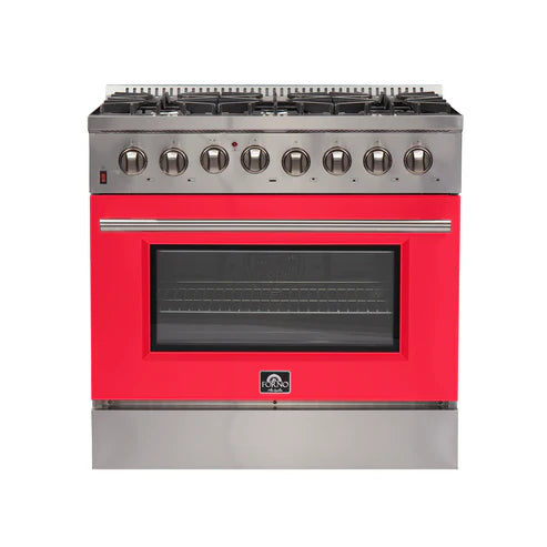 FORNO Galiano 36" 5.36 cu. ft. Dual Fuel Range with 6 Italian Burners in Red, FFSGS6156-36RED