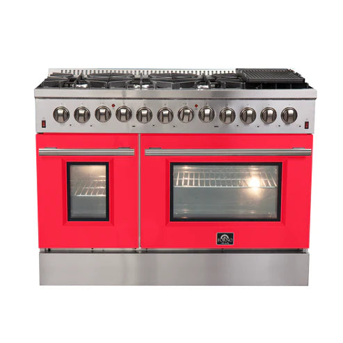 FORNO Galiano 48" 6.58 cu. ft. Dual Fuel Range with 8 Italian Burners in Red, FFSGS6156-48RED