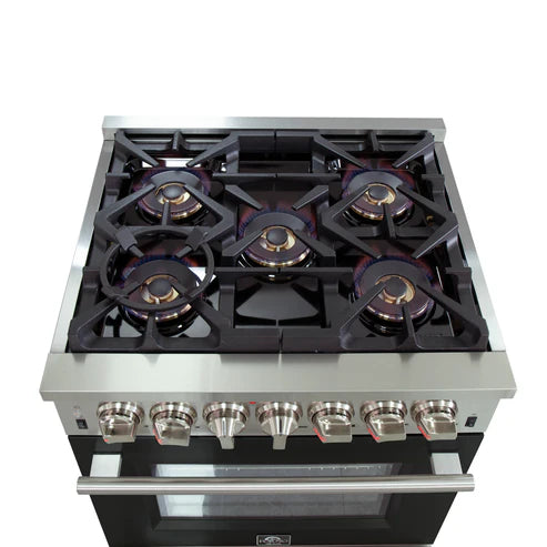 FORNO Capriasca 30" 4.32 cu. ft. Dual Fuel Range with 5 Italian Burners in Black, FFSGS6187-30BLK