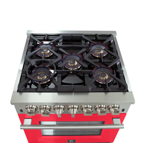 FORNO Capriasca 30" 4.32 cu. ft. Dual Fuel Range with 5 Italian Burners in Red, FFSGS6187-30RED
