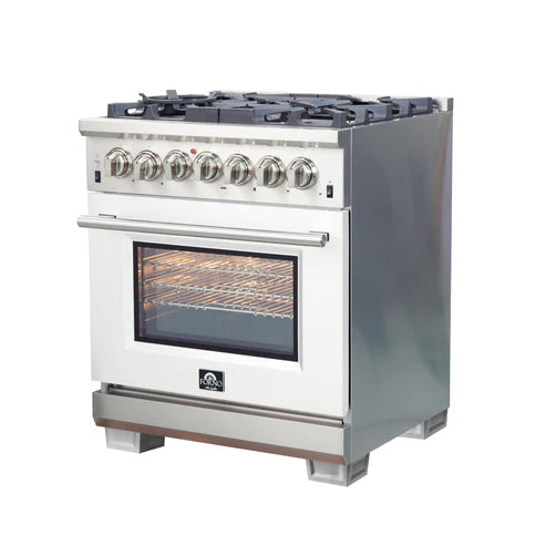 FORNO Capriasca 30" 4.32 cu. ft. Dual Fuel Range with 5 Italian Burners in White, FFSGS6187-30WHT