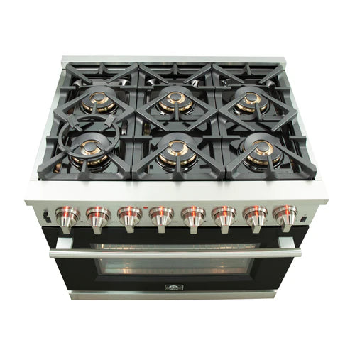 FORNO Capriasca 36" 5.36 cu. ft. Dual Fuel Range with 6 Italian Burners in Black, FFSGS6187-36BLK