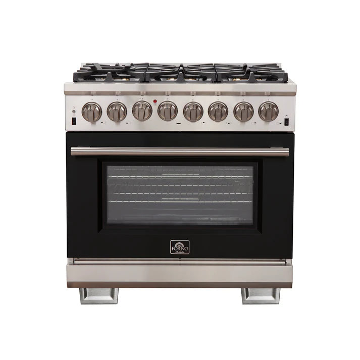 FORNO Capriasca 36" 5.36 cu. ft. Dual Fuel Range with 6 Italian Burners in Black, FFSGS6187-36BLK