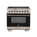 FORNO Capriasca 36" 5.36 cu. ft. Dual Fuel Range with 6 Italian Burners in Black, FFSGS6187-36BLK