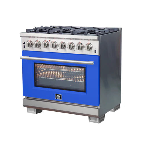 FORNO Capriasca 36" 5.36 cu. ft. Dual Fuel Range with 6 Italian Burners in Blue, FFSGS6187-36BLU