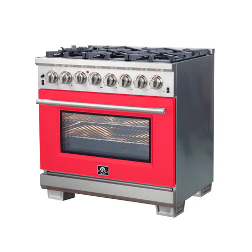 FORNO Capriasca 36" 5.36 cu. ft. Dual Fuel Range with 6 Italian Burners in Red, FFSGS6187-36RED
