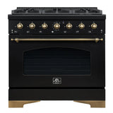 FORNO Antico 36" 4.5 cu. ft. Dual Fuel Range with 6 Sealed Burners in Black with Antique Brass Accents, FFSGS6113-36BLK