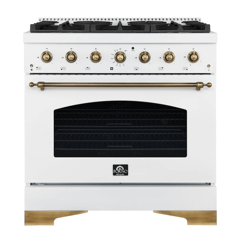 FORNO Antico 36" 4.5 cu. ft. Dual Fuel Range with 6 Sealed Burners in White with Antique Brass Accents, FFSGS6113-36WHT
