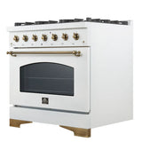 FORNO Antico 36" 4.5 cu. ft. Dual Fuel Range with 6 Sealed Burners in White with Antique Brass Accents, FFSGS6113-36WHT