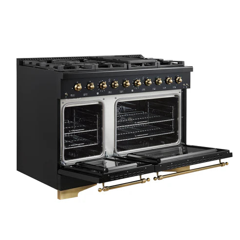 FORNO Antico 48" 5.5 cu. ft. Gas Range with 8 Sealed Burners and Griddle in Black with Antique Brass Accents, FFSGS6219-48BLK