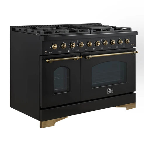 FORNO Antico 48" 5.5 cu. ft. Gas Range with 8 Sealed Burners and Griddle in Black with Antique Brass Accents, FFSGS6219-48BLK