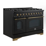 FORNO Antico 48" 5.5 cu. ft. Gas Range with 8 Sealed Burners and Griddle in Black with Antique Brass Accents, FFSGS6219-48BLK