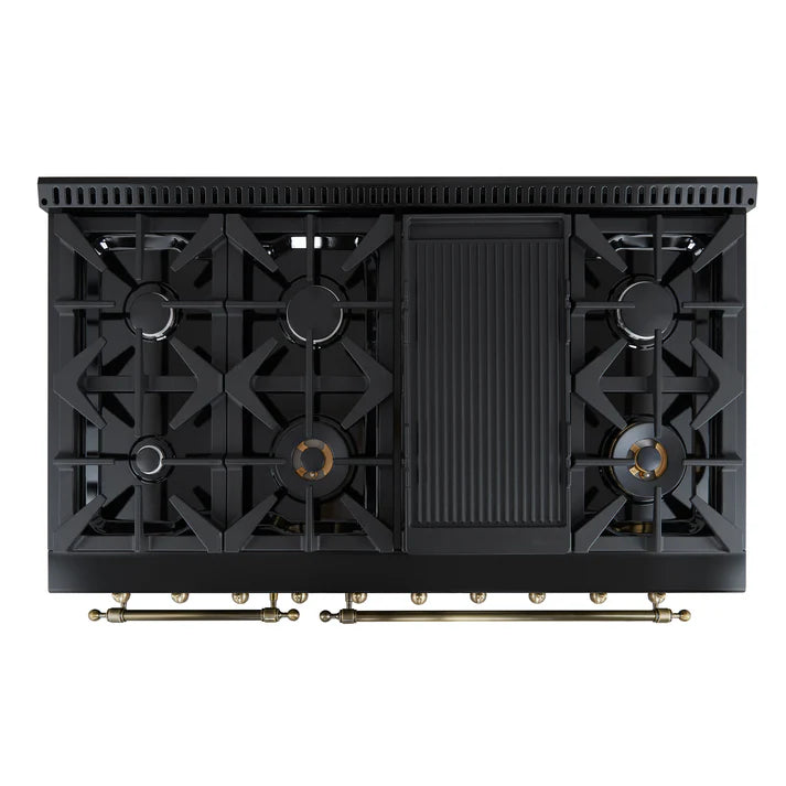 FORNO Antico 48" 5.5 cu. ft. Dual Fuel Range with 8 Sealed Burners and Griddle in Black with Antique Brass Accents, FFSGS6113-48BLK