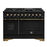 FORNO Antico 48" 5.5 cu. ft. Gas Range with 8 Sealed Burners and Griddle in Black with Antique Brass Accents, FFSGS6219-48BLK