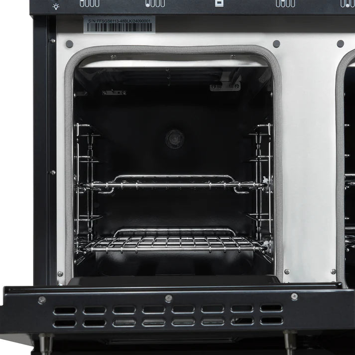 FORNO Antico 48" 5.5 cu. ft. Dual Fuel Range with 8 Sealed Burners and Griddle in Black with Antique Brass Accents, FFSGS6113-48BLK