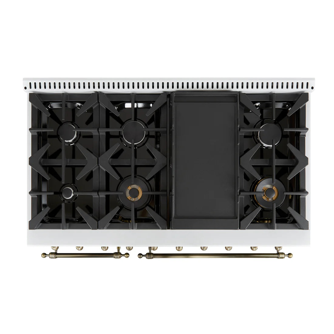 FORNO Antico 48" 5.5 cu. ft. Dual Fuel Range with 8 Sealed Burners and Griddle in White with Antique Brass Accents, FFSGS6113-48WHT