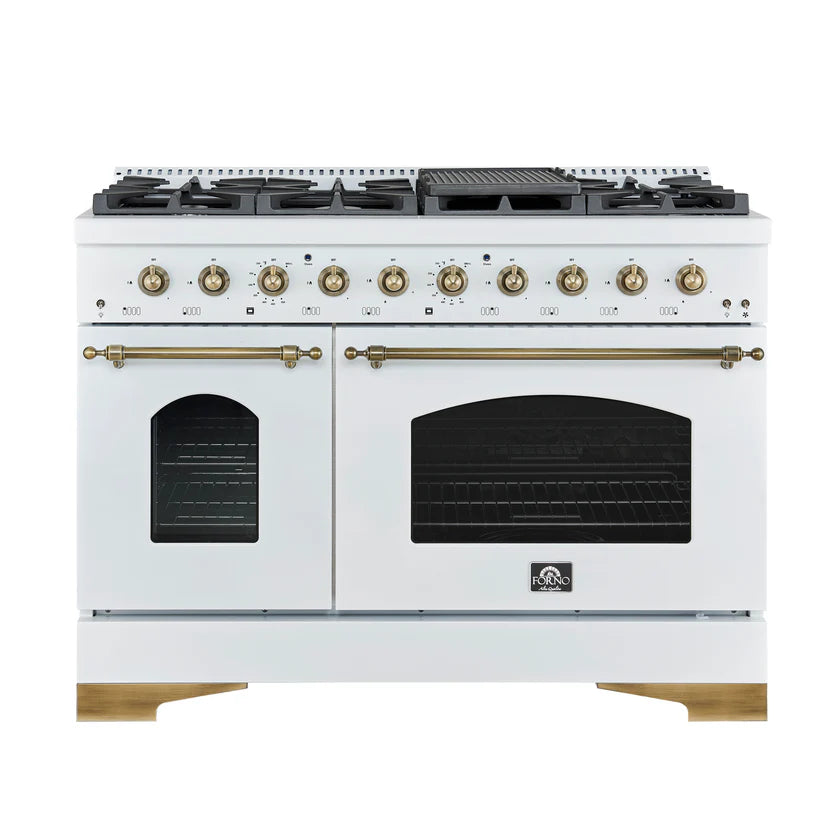 FORNO Antico 48" 5.5 cu. ft. Dual Fuel Range with 8 Sealed Burners and Griddle in White with Antique Brass Accents, FFSGS6113-48WHT