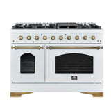 FORNO Antico 48" 5.5 cu. ft. Dual Fuel Range with 8 Sealed Burners and Griddle in White with Antique Brass Accents, FFSGS6113-48WHT