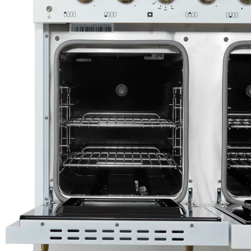 FORNO Antico 48" 5.5 cu. ft. Dual Fuel Range with 8 Sealed Burners and Griddle in White with Antique Brass Accents, FFSGS6113-48WHT